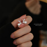 925 Silver Shell Pearl Cherry Stud Earrings Zircon Wedding Jewelry