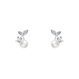 925 Silver Shell Pearl Cherry Stud Earrings Zircon Wedding Jewelry