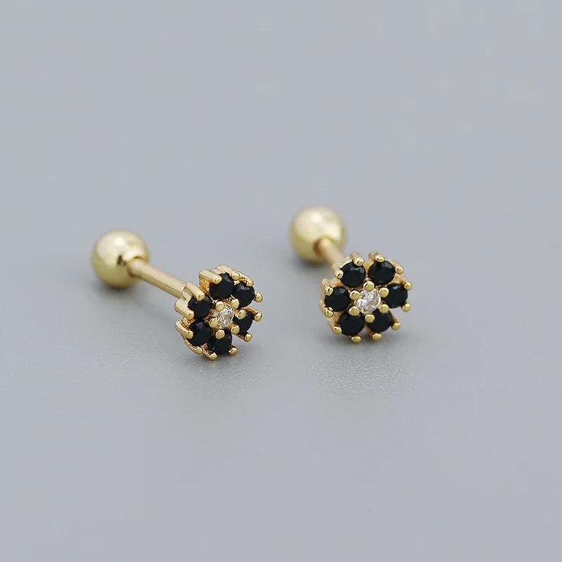 925 Silver Stud Earring Zircon Flowers Pearls