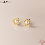 925 Silver Snowflake Pearl Stud Earrings Women Teen Piercing Jewelry