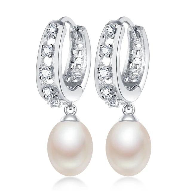 Natural Freshwater Pearl Drop Earrings Zircon 925 Sterling Silver Jewelry