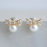 925 Silver Romantic Bowknot Pearl Stud Earrings Gift for Women Girls