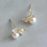 925 Silver Romantic Bowknot Pearl Stud Earrings Gift for Women Girls