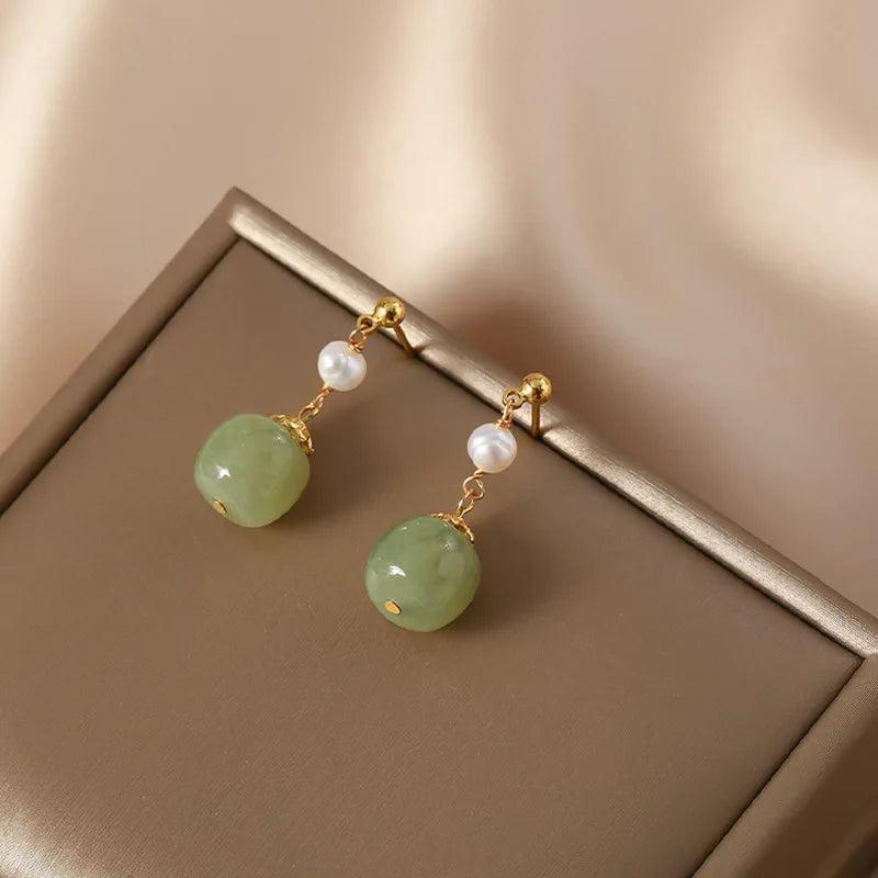 Freshwater Pearl & Nephrite Jade Stone 14K Filled Tassels Stud Earrings
