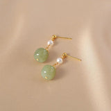 Freshwater Pearl & Nephrite Jade Stone 14K Filled Tassels Stud Earrings