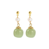 Freshwater Pearl & Nephrite Jade Stone 14K Filled Tassels Stud Earrings