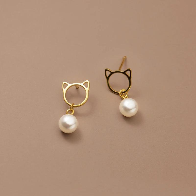 18K Filled Synthetic Pearl 925 Sterling Silver Cat Stud Earrings