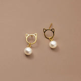 18K Filled Synthetic Pearl 925 Sterling Silver Cat Stud Earrings