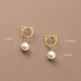 18K Filled Synthetic Pearl 925 Sterling Silver Cat Stud Earrings