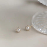 Sterling Silver Pearl Inlaid Zircon Stud Earrings
