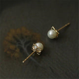 925 Silver Hollow Petals Pearl Stud Earrings Women Wedding Jewelry