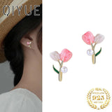 French Party Birthday Sterling Silver 925 Pink Tulip Stud Earring Vintage Jewelr