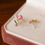 French Party Birthday Sterling Silver 925 Pink Tulip Stud Earring Vintage Jewelr