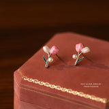 French Party Birthday Sterling Silver 925 Pink Tulip Stud Earring Vintage Jewelr