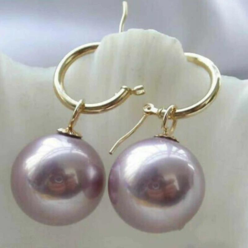 12mm Purple South Sea Shell Pearl 14k Earrings Mother's Hook Holiday Jewelry
