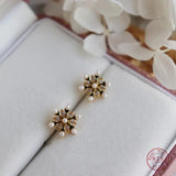925 Sterling Silver Snowflake Earrings with Zircon and Simulated Pearl