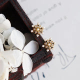 925 Sterling Silver Snowflake Earrings with Zircon and Simulated Pearl