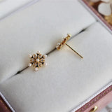 925 Sterling Silver Snowflake Earrings with Zircon and Simulated Pearl