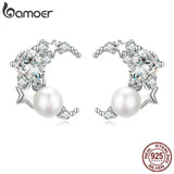 925 Silver Moon & Pearl Stud Earrings Wedding Gift BSE666