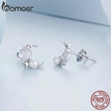 925 Silver Moon & Pearl Stud Earrings Wedding Gift BSE666