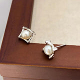 925 Silver Vintage Square Pearl Stud Earrings Wedding Party Jewelry