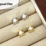 925 Silver Vintage Square Pearl Stud Earrings Wedding Party Jewelry