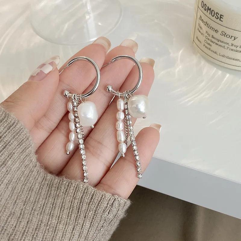 Baroque Freshwater Pearl Crystal Tassels Stud Earrings