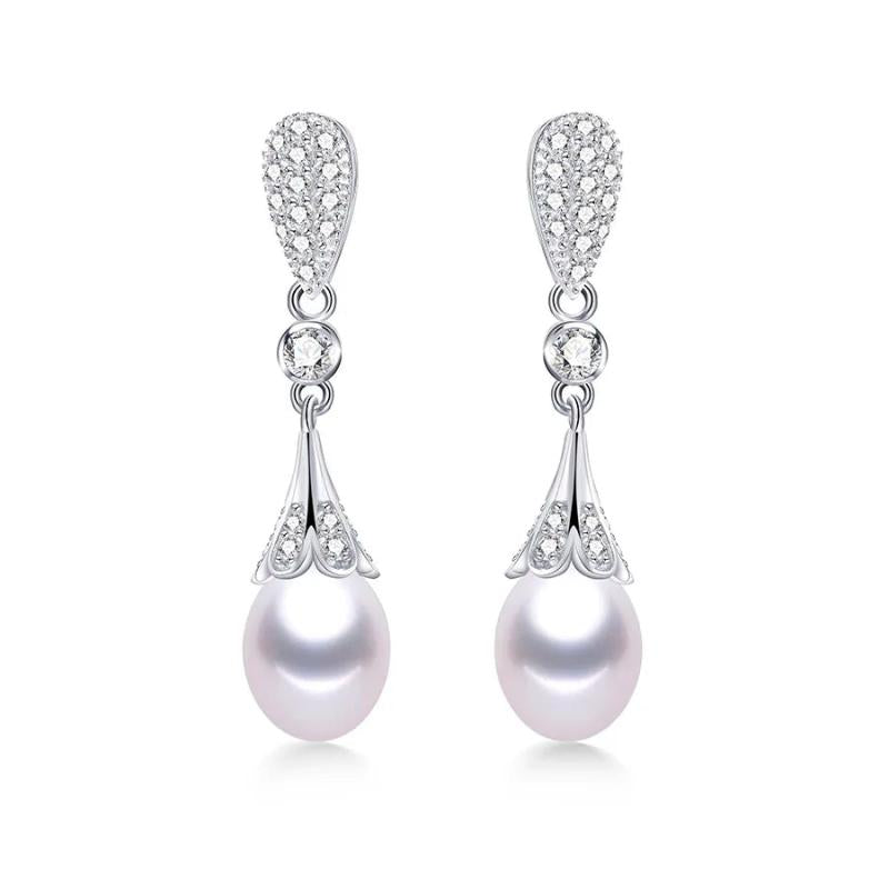Freshwater Pearl Drop Earrings 925 Sterling Silver Zircon Wedding Jewelry