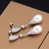 Freshwater Pearl Drop Earrings 925 Sterling Silver Zircon Wedding Jewelry