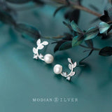 Olive Tree Leaves Stud Earring 925 Sterling Silver Pearl Ear Pin