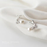 Olive Tree Leaves Stud Earring 925 Sterling Silver Pearl Ear Pin
