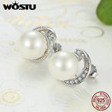 925 Silver Pearl Stud Earrings with CZ for Women Gift CQE021