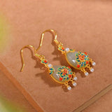 Chalcedony Water Drop Enamel Earrings with Pearl Tassel