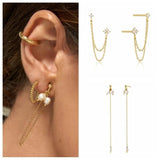 925 Silver Zircon Stud Earrings Women Tassel Chains Pearl Earring Brincos