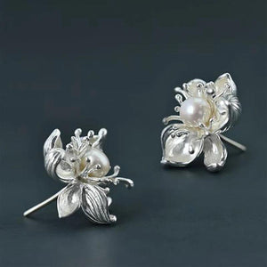 Silver Inlaid Pearl Flower Earrings Party Jewelry