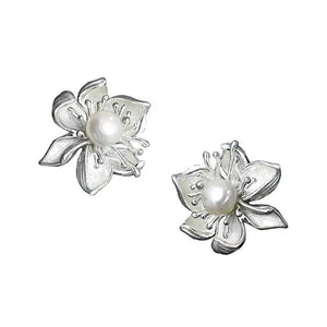 Silver Inlaid Pearl Flower Earrings Party Jewelry