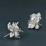 Silver Inlaid Pearl Flower Earrings Party Jewelry