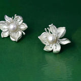 Silver Inlaid Pearl Flower Earrings Party Jewelry