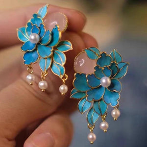 Court enamel Peony earrings with Hotan Jade Pearl