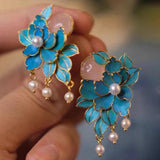 Court enamel Peony earrings with Hotan Jade Pearl