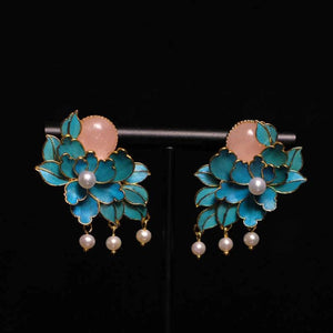 Court enamel Peony earrings with Hotan Jade Pearl