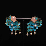 Court enamel Peony earrings with Hotan Jade Pearl