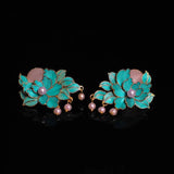 Court enamel Peony earrings with Hotan Jade Pearl