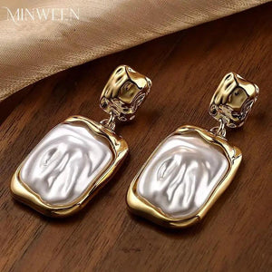 Vintage Baroque Pearl Large Earrings Metal Folding Pattern High-End Earrings