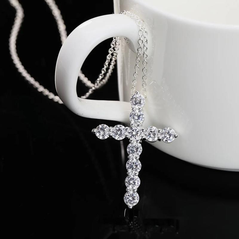 925 Silver Zircon Cross Necklace Charm Wedding Party Jewelry