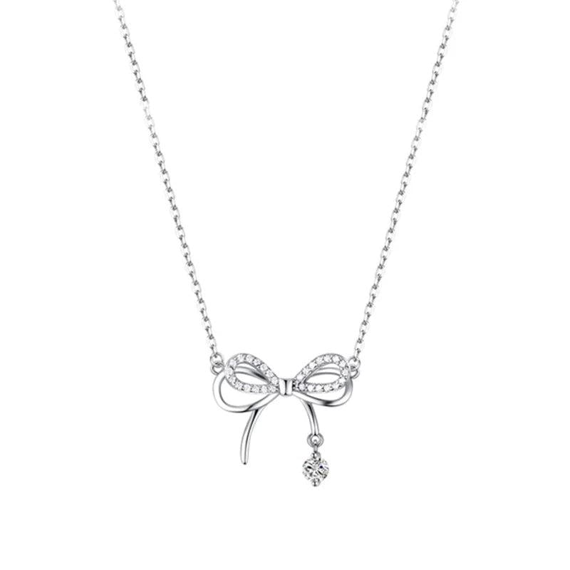 925 Silver Bow-knot Zircon Pendant Clavicle Necklace Women Jewelry