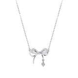925 Silver Bow-knot Zircon Pendant Clavicle Necklace Women Jewelry