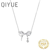 925 Silver Bow-knot Zircon Pendant Clavicle Necklace Women Jewelry