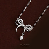 925 Silver Bow-knot Zircon Pendant Clavicle Necklace Women Jewelry