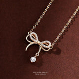 925 Silver Bow-knot Zircon Pendant Clavicle Necklace Women Jewelry